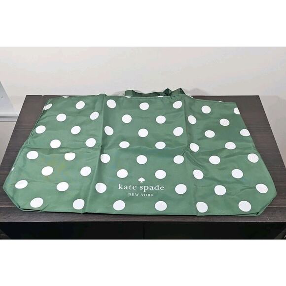 Kate Spade Reusable Large XL Green White Polka Dot Shopper Tote Foldable Bag NEW - Picture 3 of 5